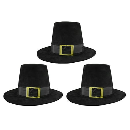 3 PK Deluxe Pilgrim Hat With Buckle Quaker Amish Top Hat Cap Flat Topped Costume