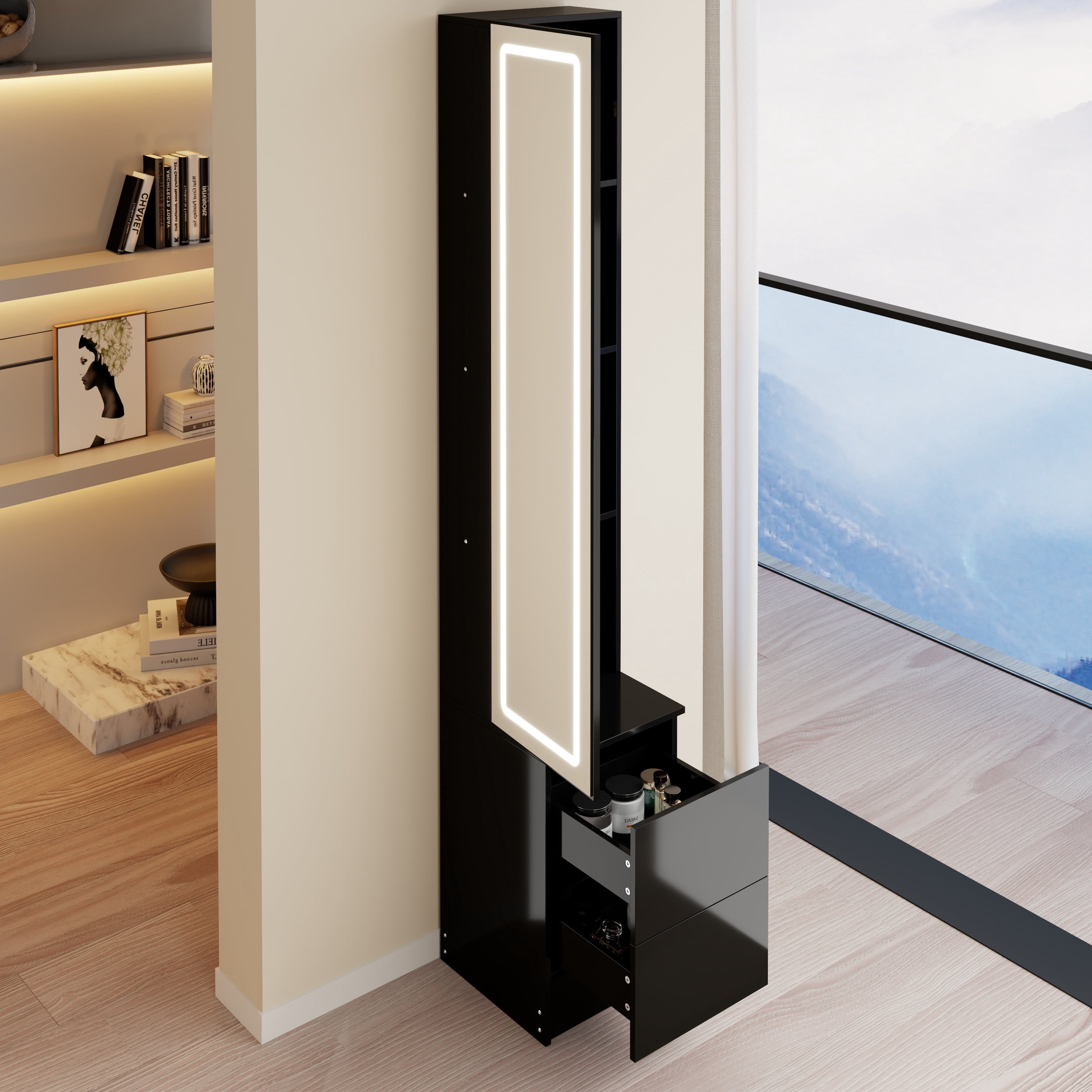 LED Dressing Mirror Cabinet,Cosmetic Organizer Cabinet, Jewelry Cabinet, 3 colors, Adjustable Brightness, Extra Large Mirror, Multi Layer High Capacity Storage, 11.8" x 15.7" x 63"