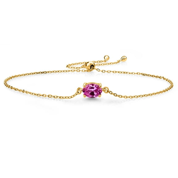 Gem Stone King 18K Yellow Gold Plated Silver Pink Created Sapphire Solitaire Bracelet for Women (0.90 Cttw, Oval Cut 7x5mm)