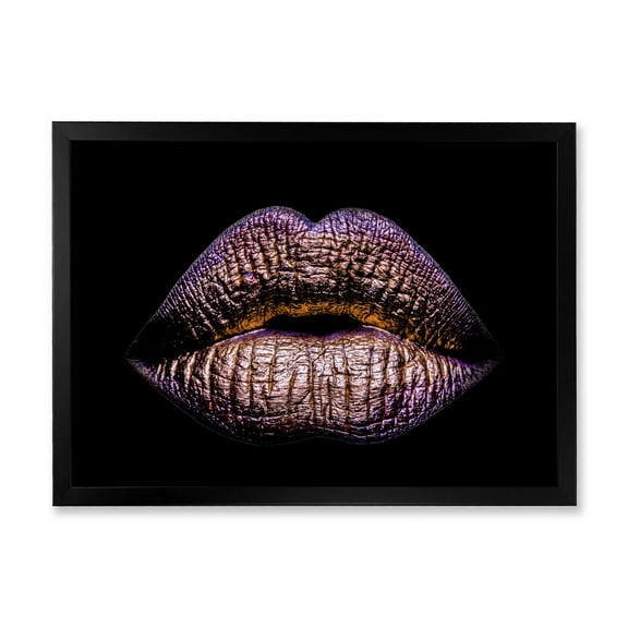 Designart 'Sexy Golden Metallized Woman Lips V' Modern Framed Art Print