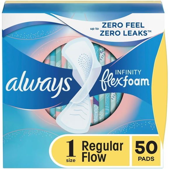 Always Infinity Feminine Pads for Women, Flexfoam Pads with Wings, Size 1, Regular Absorbency, Unscented, 50CT