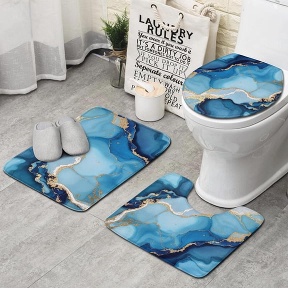 Blue Gold Marble Pattern Bathroom Rugs Sets 3 Piece,Toilet Cover Set,Absorbent Non Slip Bathroom Mats Sets with U-Shaped Contour Rug Toilet Rug Set