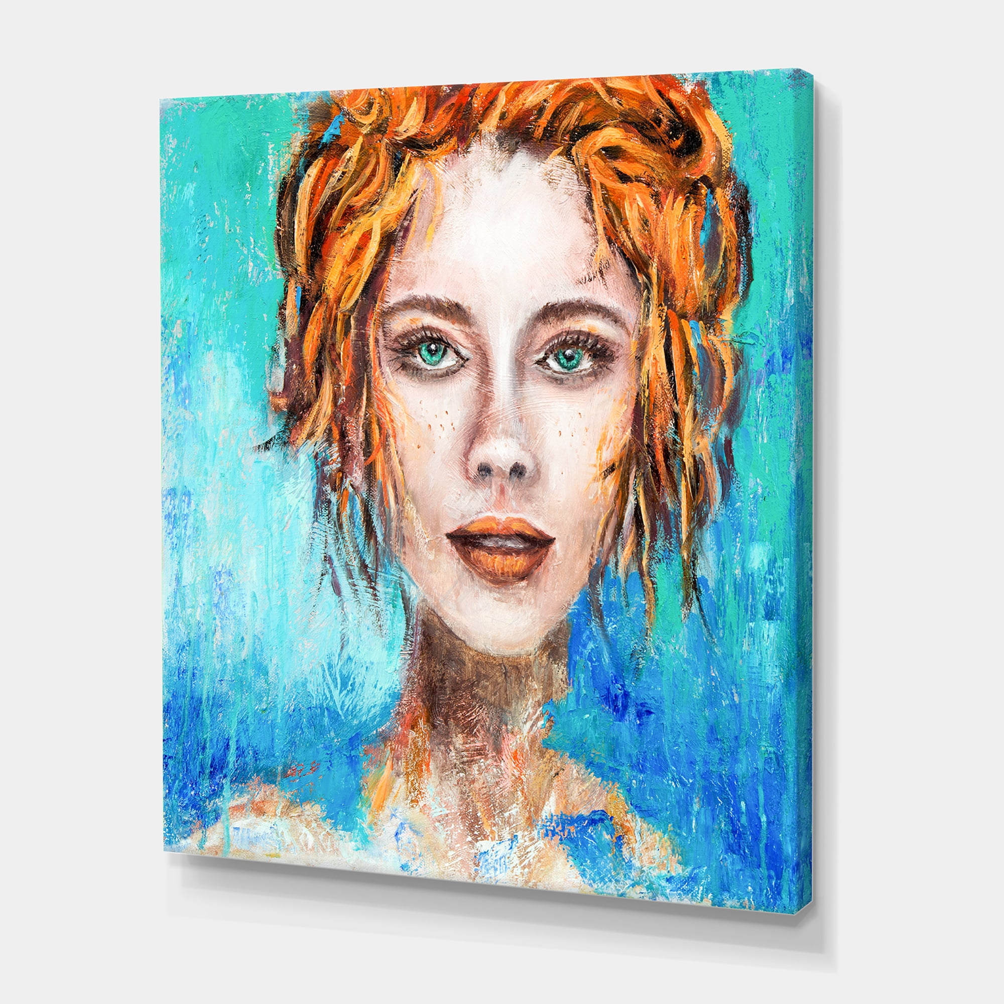 Designart ' A Woman Face With Red Hair And Green Eyes ' Modern Canvas Wall Art Print
