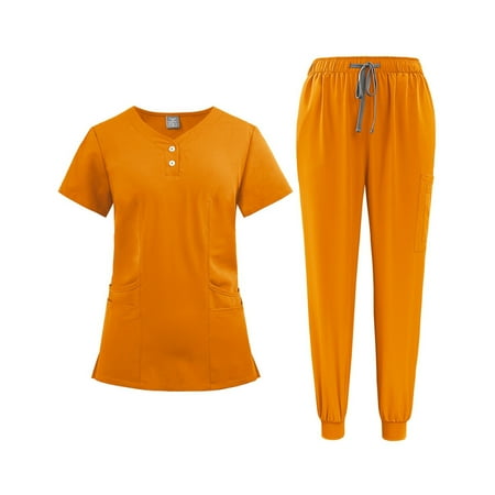 Sxaura Yellow Scrubs Sets for Women Button Down Basic Short Sleeve Quick Dry Solid Color Nurse Uniform V Neck Jogger Scrubs with Pockets