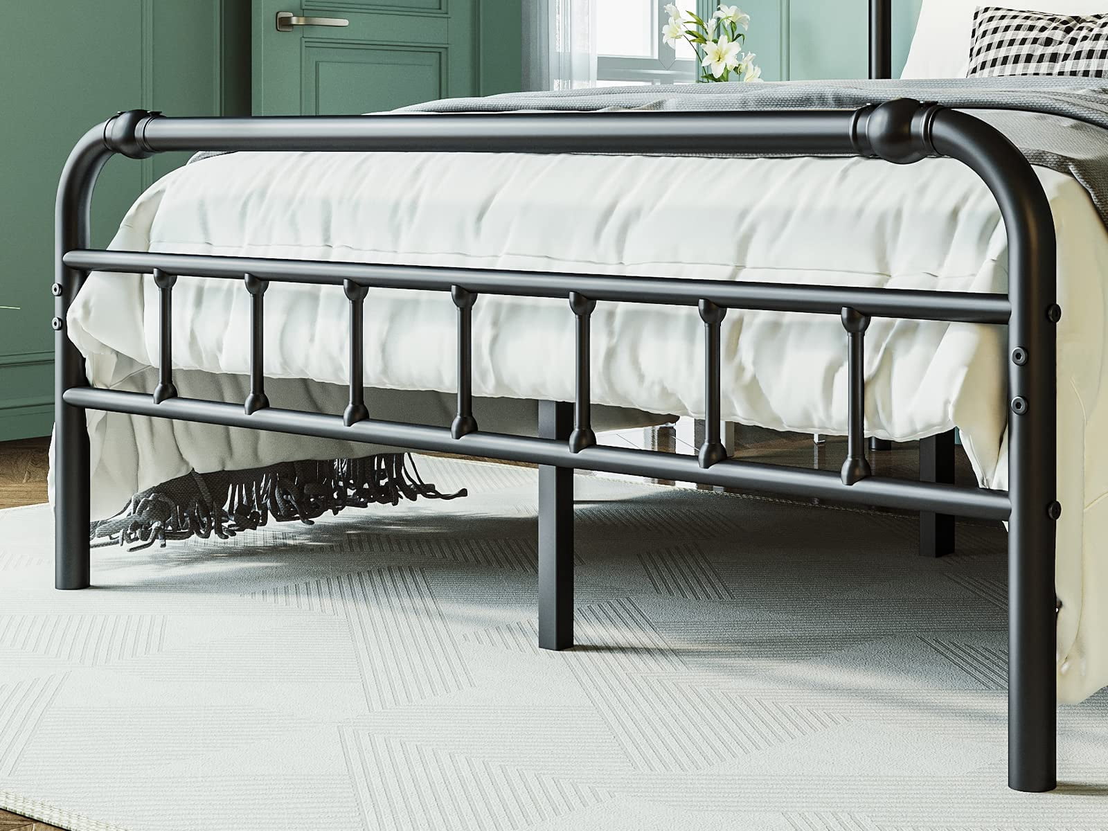 QFTIME Queen Bed Frame with Headboard, Heavy-Duty Metal Platform Bed Frame with 18" High, Non-Slip and Noise-Free, No Box Spring Needed, Black