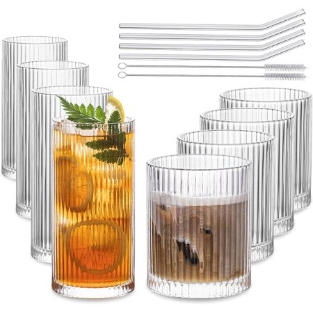Set of 8 Vintage Glassware - 4 Highball Glasses 12 oz, 4 Rocks Glass Cups 14 oz, Ribbed Glassware Cocktail Glasses, Ideal for Wine, Juice, Water, Ice Coffee Cup, Whiskey, Mixed Drinkware