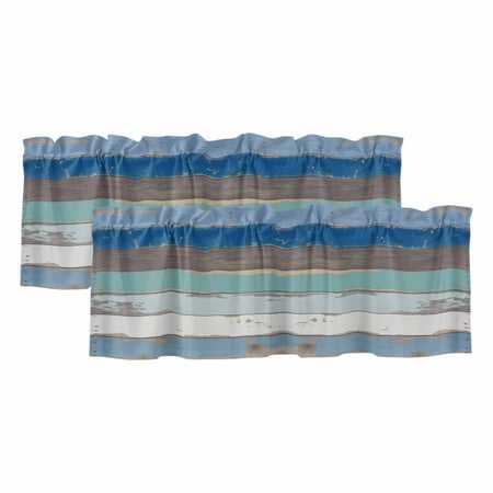 Blue Wooden Plank Valances for Windows Retro Farmhouse Horizontal Stripes Plank Light Filtering Kitchen Curtains Rod Pocket Window Valance Curtains for Living Room Bedroom 42 W x 18 L 2 Panels