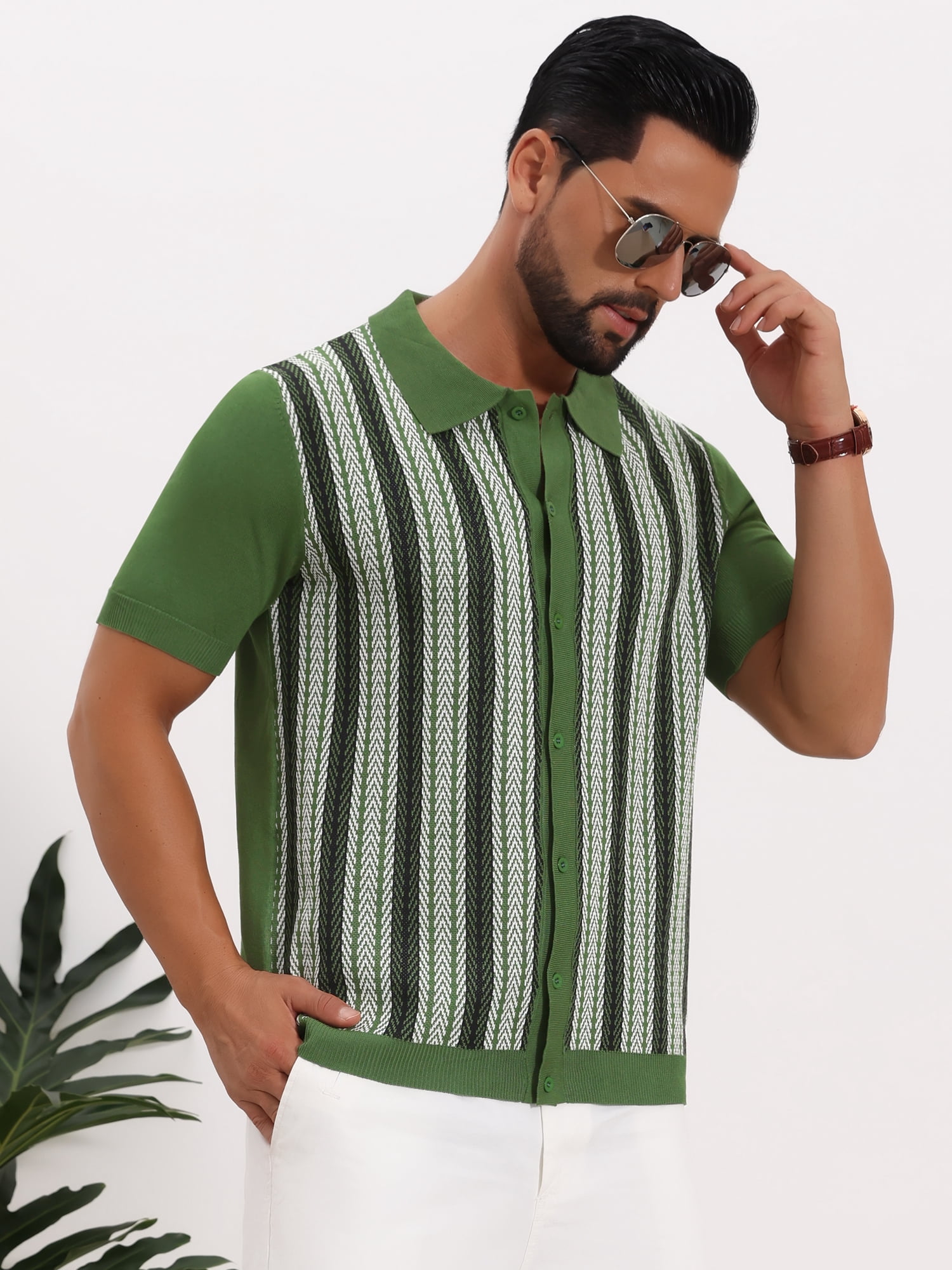 DARING DIVA Men's Striped Short Sleeves Button Down Jacquard Polo Shirts 2XL Green