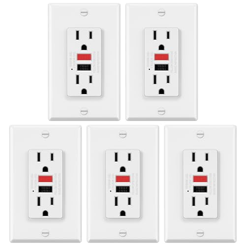 5 Pack GFCI Outlets 15 Amp, Non-Tamper Resistant, Decor GFI Receptacles with LED Indicator, Ground Fault Circuit Interrupter, Wallplate Included, ETL Listed, Red/Black Button