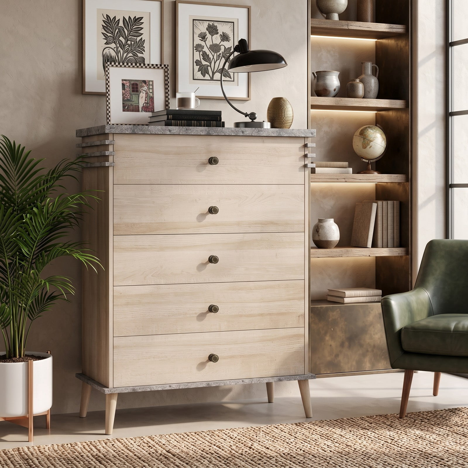 Furnibear Farmhouse 5-Drawer Tall Dresser with Metal Knobs and Solid Wood Legs for Bedroom and Closet Storage, Antique Grey and Natural