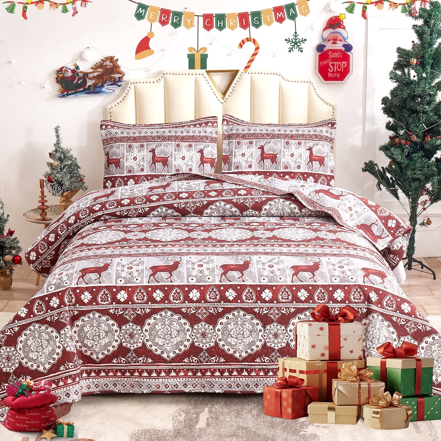 Jessy Home Christmas Quilt Set Queen/Full Size Rustic Holiday Bedding Set Red Moose Cabin Lodge Quilt Lightweight Soft Microfiber Xmas Bedspread Coverlet Christmas Gift with 2 Pillowcases