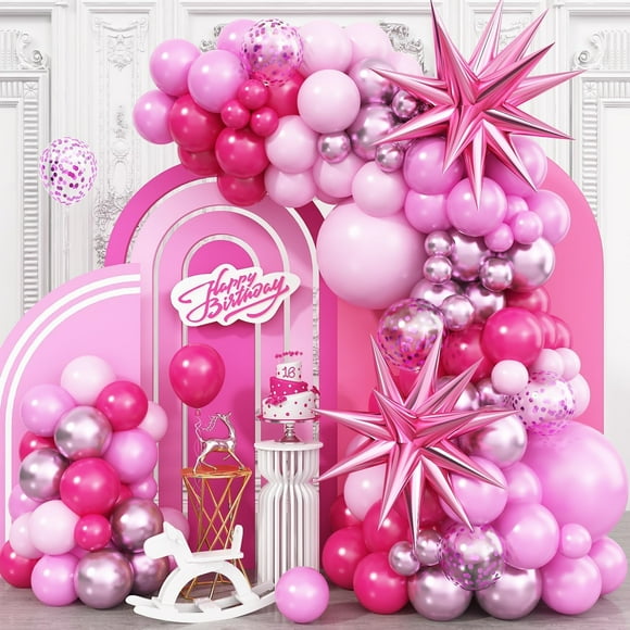 Kit con forma de arco con forma de guirnalda, color rosa adorado con globos en forma de estrella