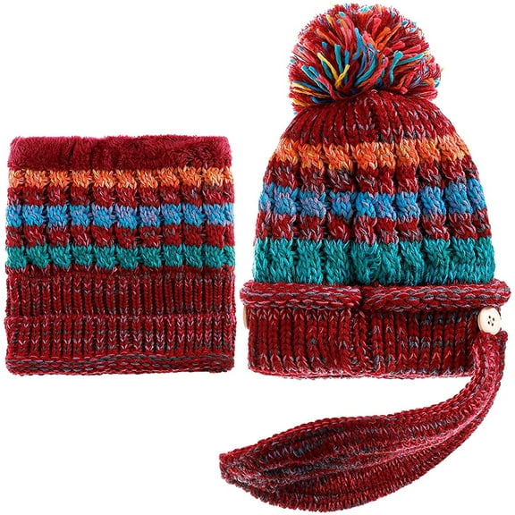 GRNSHTS Fleece Lined Winter Hats for Women Knit Beanie Hat Scarf Mask Set Warm Soft Slouchy Skull Cap with Pom Pom (Wine Red)