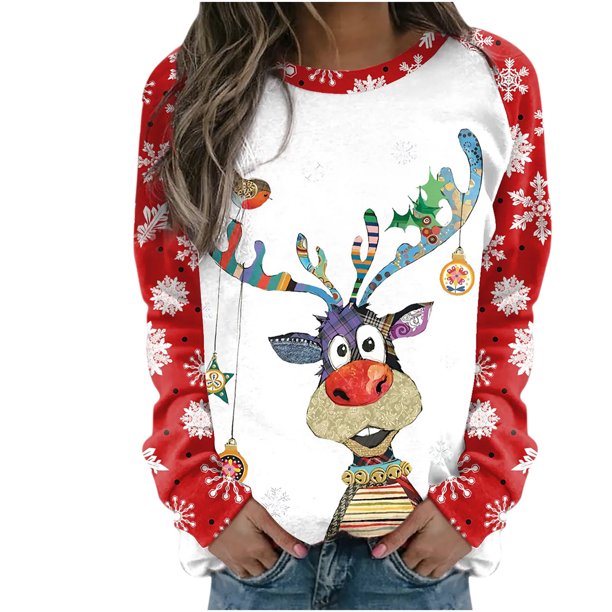 Sudaderas de Cuello Redondo de Navidad Para Mujer Imprimir Blusa Informal de Manga Larga Tops Odeerbi ODB207153