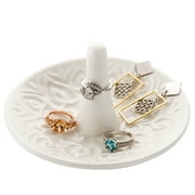 MyGift Decorative White Ceramic Ring Dish and Jewelry Holder with Raised Heart Design