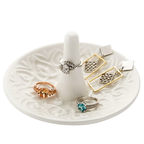 MyGift Decorative White Ceramic Ring Dish and Jewelry Holder with Raised Heart Design