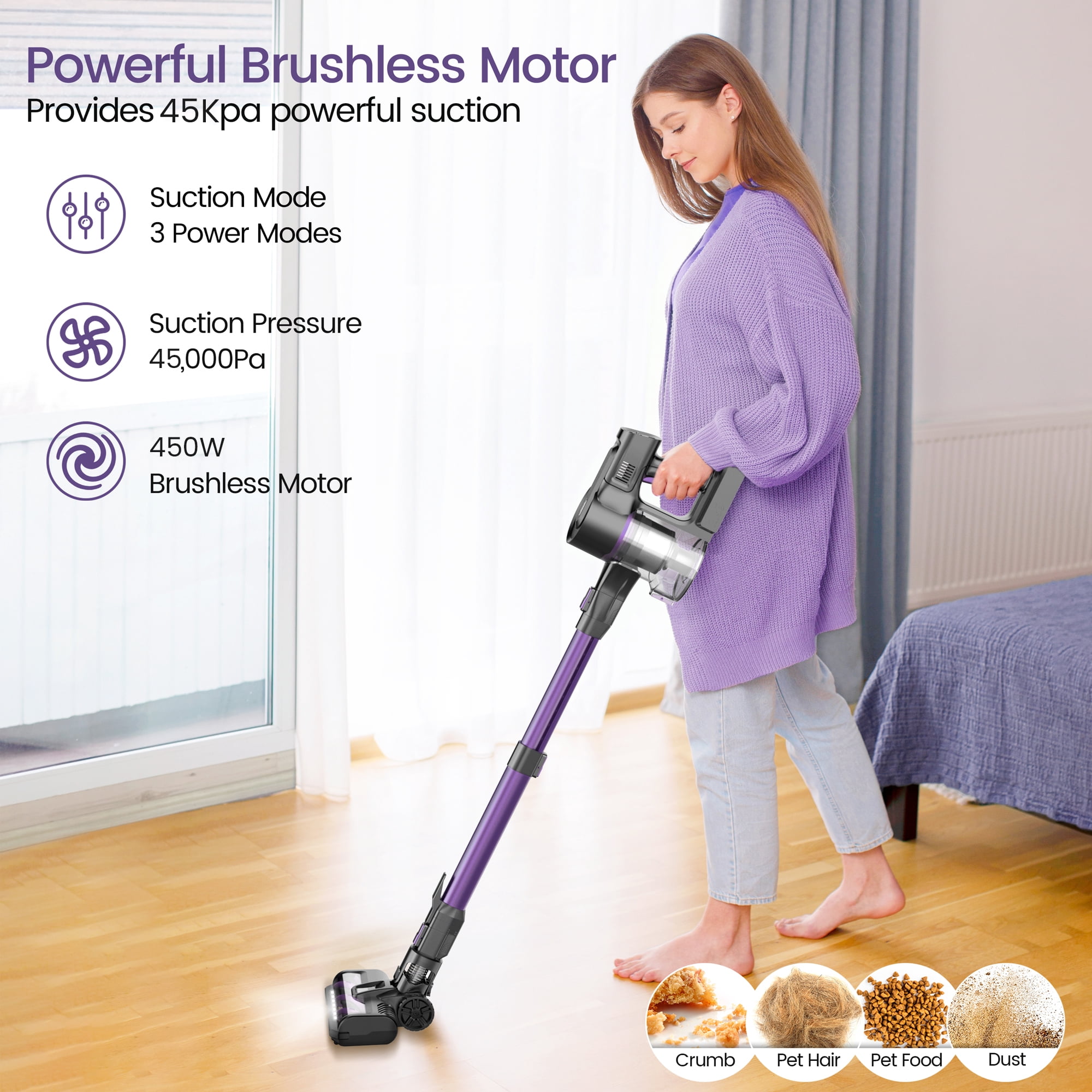 YOMATECH Cordless Vacuum Cleaner, 45Kpa/450W Powerful Stick Vacuum, 6 in 1 Lightweight Vacuum Cleaners for Home Hardfloor Carpet Pet Hair