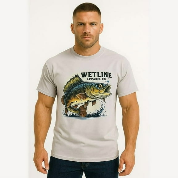 Wetline Apparel Co Green Bass & Grass Men's Graphic T-Shirt, Fishing Wear Heavy Cotton Short Sleeves Tee, S-5XL