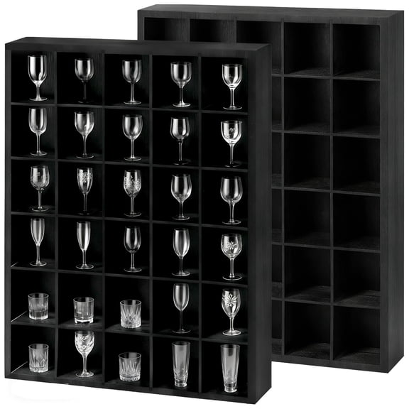 2 Pack Shot Glass Display Case – Black Wooden Wall Mounted Shadow Box with 30 Slots & 2 Removable Shelves – Adjustable Display for Collectibles, Thimbles, Miniatures, Bar Decor