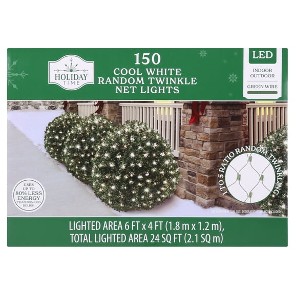 Indoor/Outdoor 150-Count LED Random Twinkle Christmas Net Lights, Cool White, Green Wire, 6' x 4', by Holiday Time