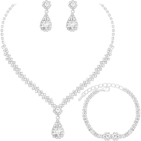 3 Pieces Set of Silver Elegant Jewelry for Brides - Necklace, Earrings, and Bracelet, Set with Rhinestones, Suitable for Weddings and Dances