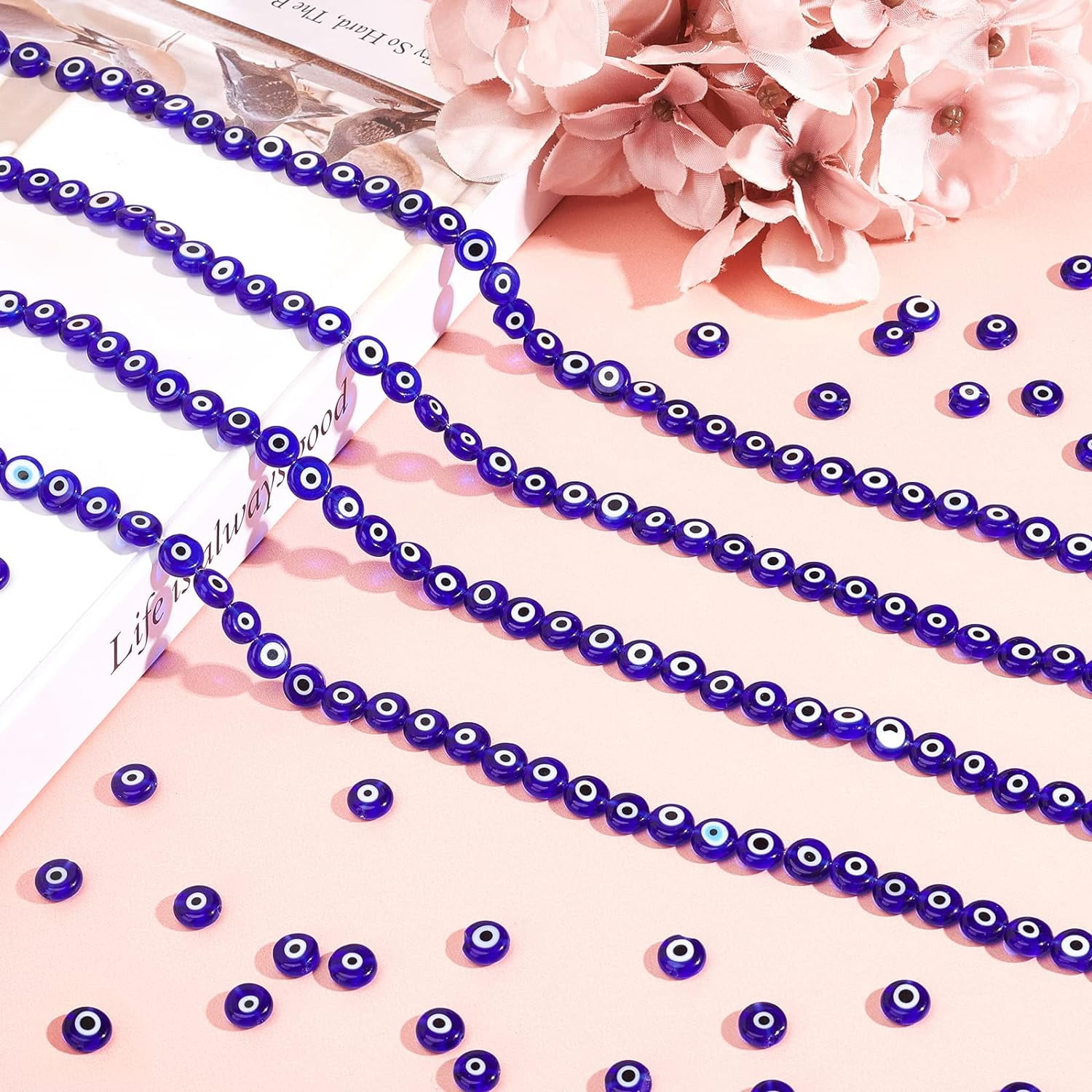 10 Strands (About 49pcs/Strand) Blue Handmade Lampwork Glass Beads Flat Round Spacer Loose Beads for Bracelet Necklace Jewelry Making 10strands