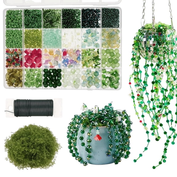 Lzvxtym Beaded Plant Kit,2200 Pcs Green Glass Beads for Forever Plant Making,Leaf and Round Beads with Floral Wire and Moss for DIY Crafts