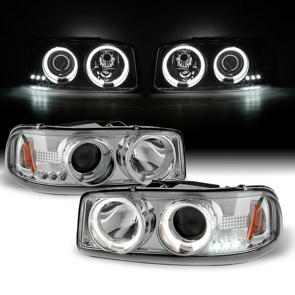 AKKON - For GMC Sierra Yukon Denali Pickup Chrome LED Ring Projector Replacement Headlights Left/Right Pair