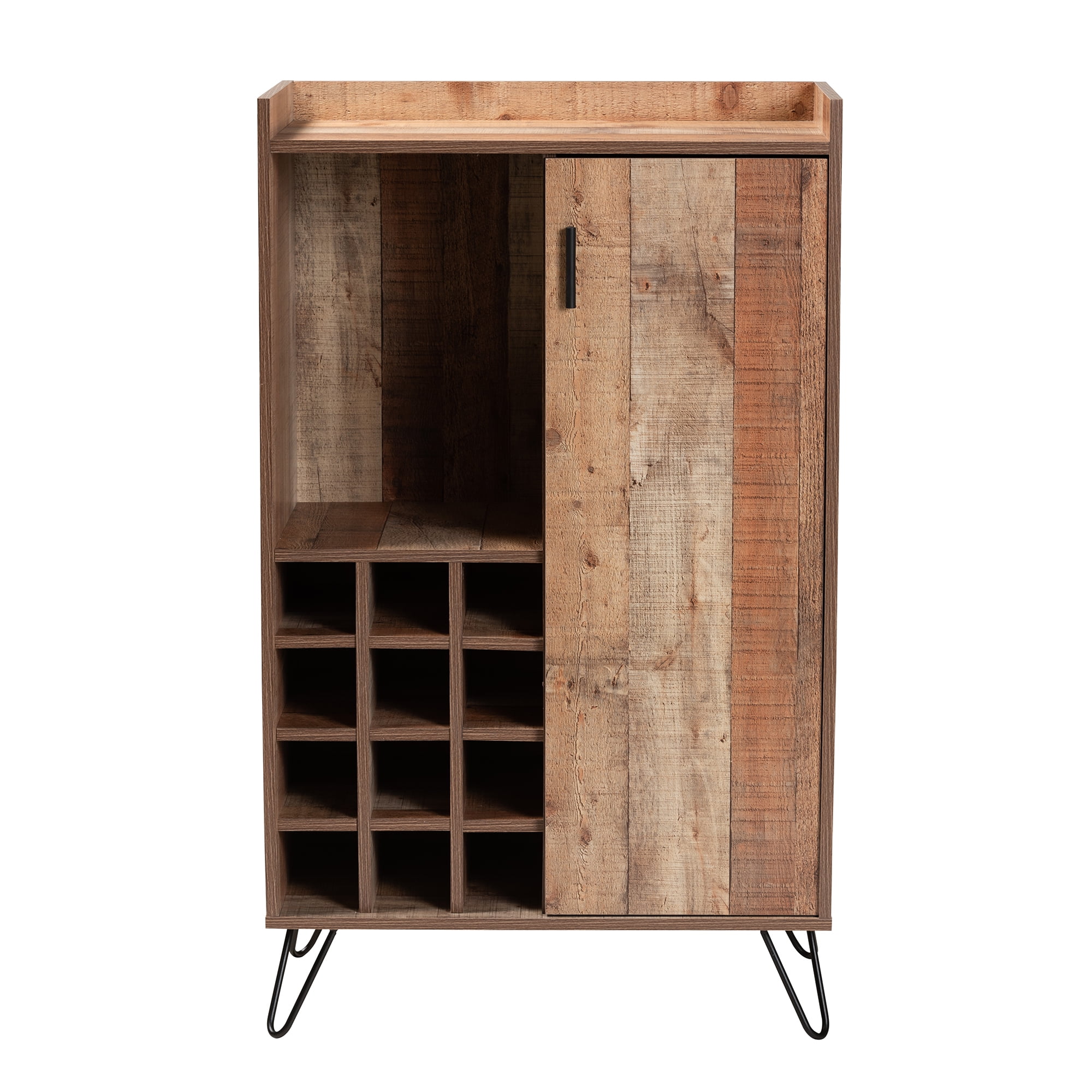 Baxton Studio Mathis Modern and Contemporary Rustic Brown Finished Wood and Black Finished Metal Wine Storage Cabinet