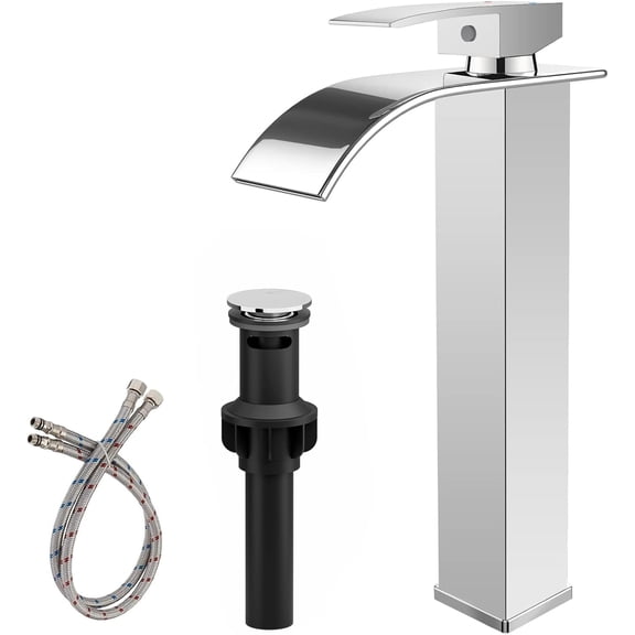 Zovajonia Vessel Sink Faucet, Tall Modern Waterfall, Single Handle 1 Hole, for RV/Camper/Farmhouse, w/ Pop-Up Drain & 2 Supply Hoses, Chrome