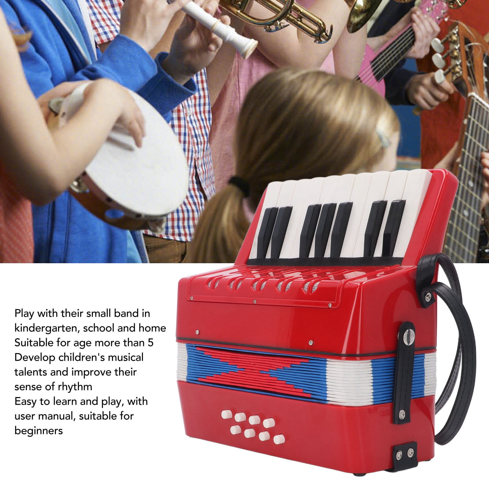Piano Accordion 9.1 X 9.1 X 3.9 Inches Entry Level Piano Accordion ABS Plastic With Retractable Leather Strap 17 Keys 8 Bass Keys Entry Level Accordion Portable Accordion For Kids Beginners
