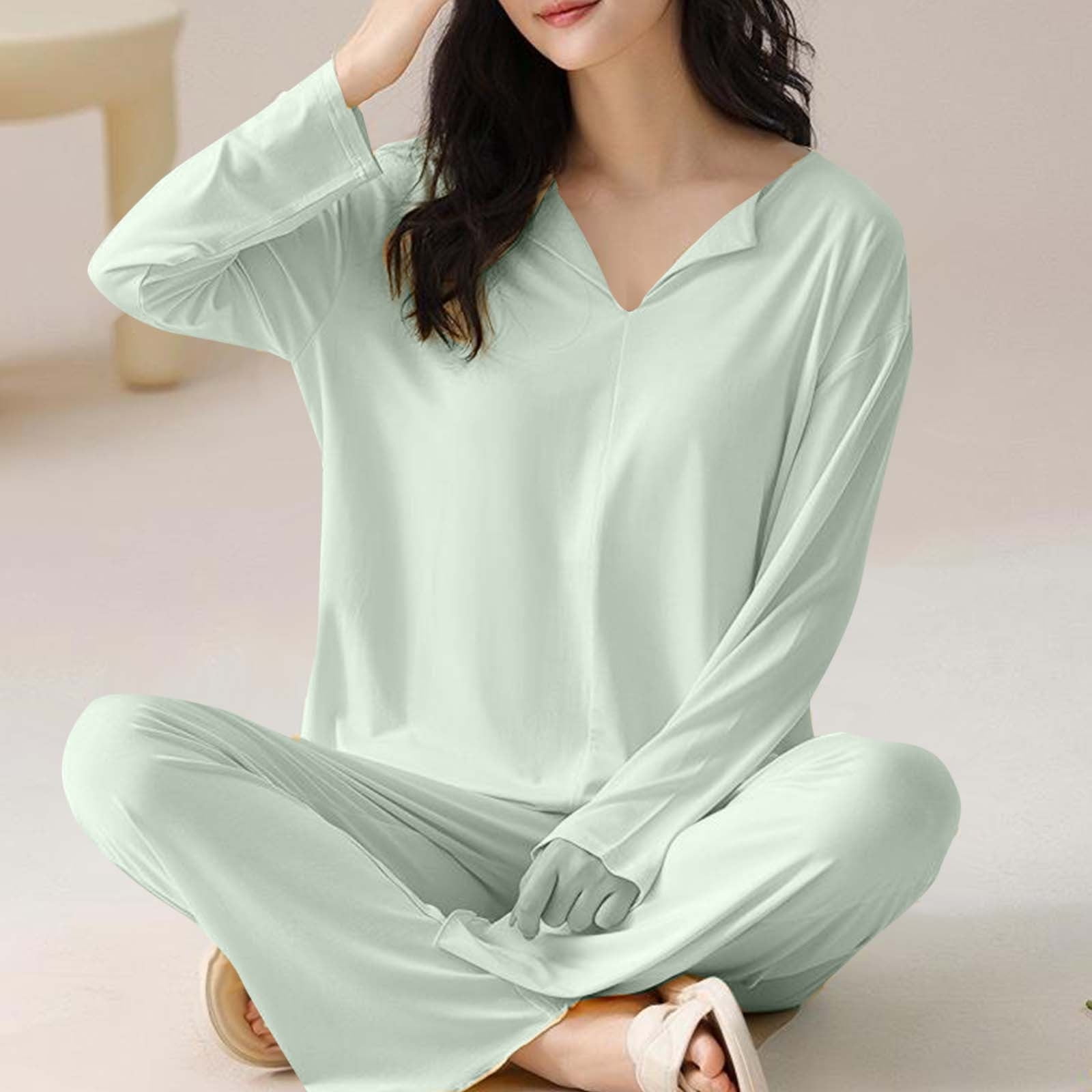 Oalirro Pajamas for Women Set 2 Piece Solid Color Soft Long Sleeve Pjs Pullover Top with Pants Breathable Loungewear Home Pajama Sets