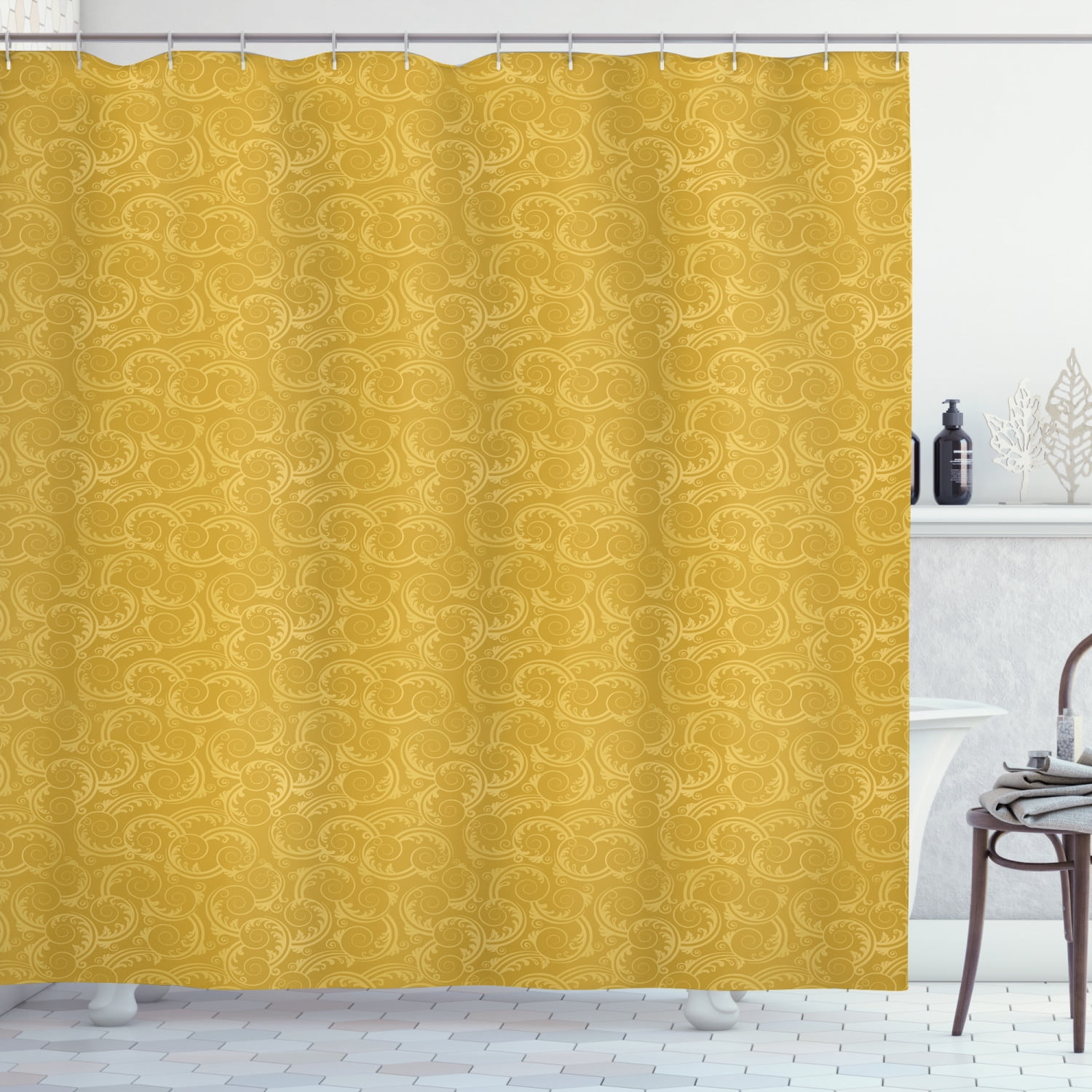 Yellow Damask Shower Curtain, Silhouette Swirls and Leaves Background