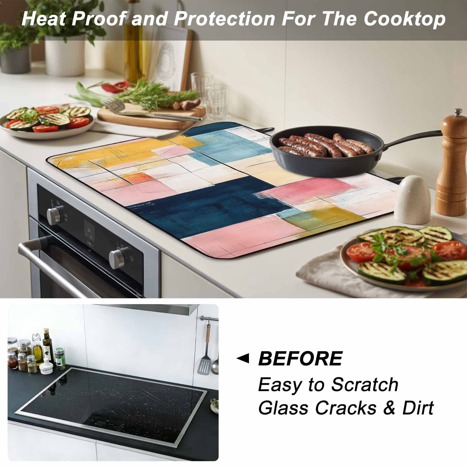 Pink Blue Yellow Stove Top Cover for Electric Stove, Heat-proof & Non Slip Glass Top Stove Cover Protector, Modern Colorful Abstract Ombre Art Kitchen Flat Cooktop Rubber Mat 24x21 Inches