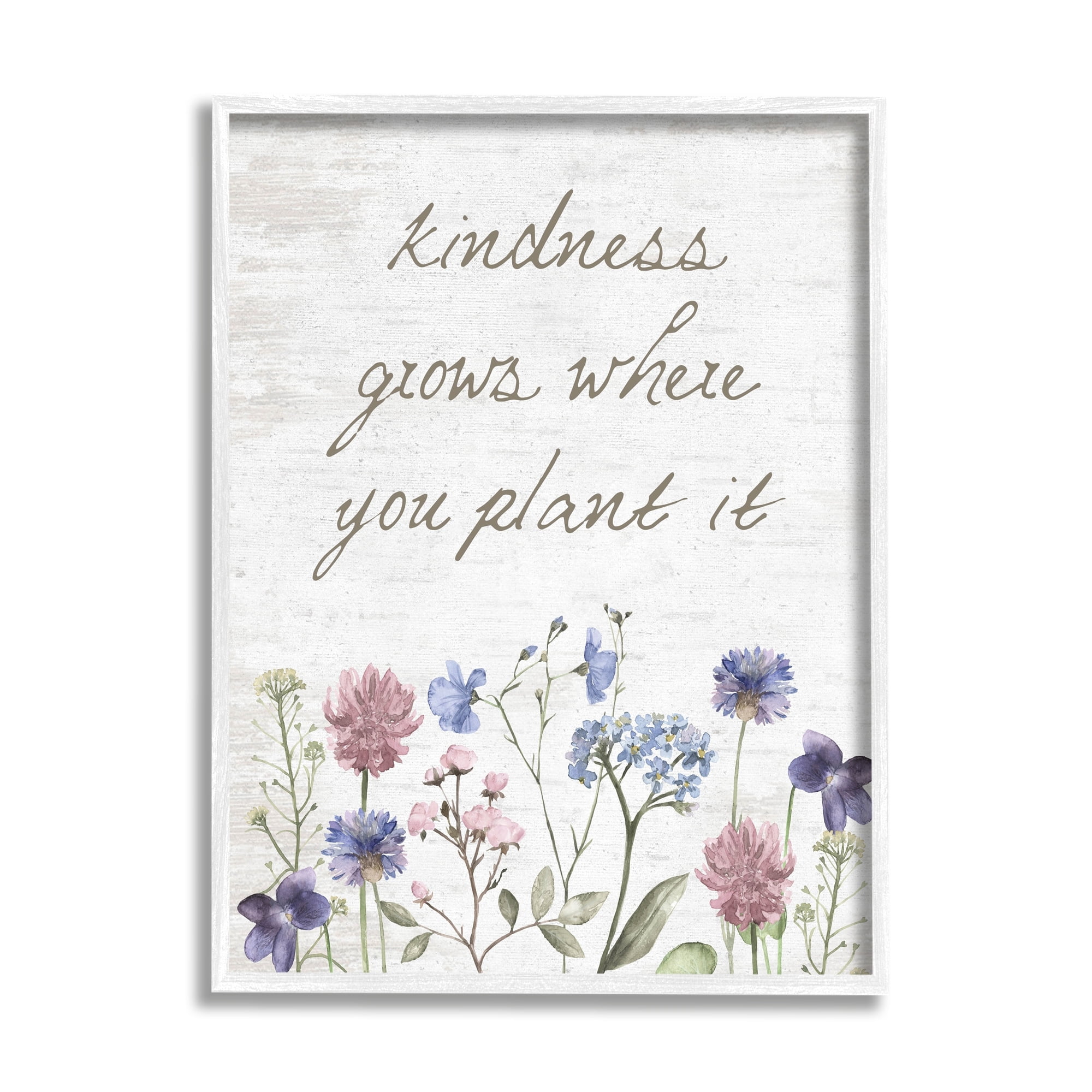 Stupell Industries Kindness Grows Blooming Florals Rustic Grain Pattern Graphic Art White Framed Art Print Wall Art, Design by Lettered and Lined