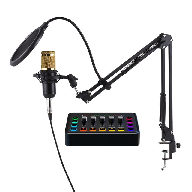 Paquete de equipo para podcast Micrófono de condensador con tarjeta de sonido en vivo de 48 V