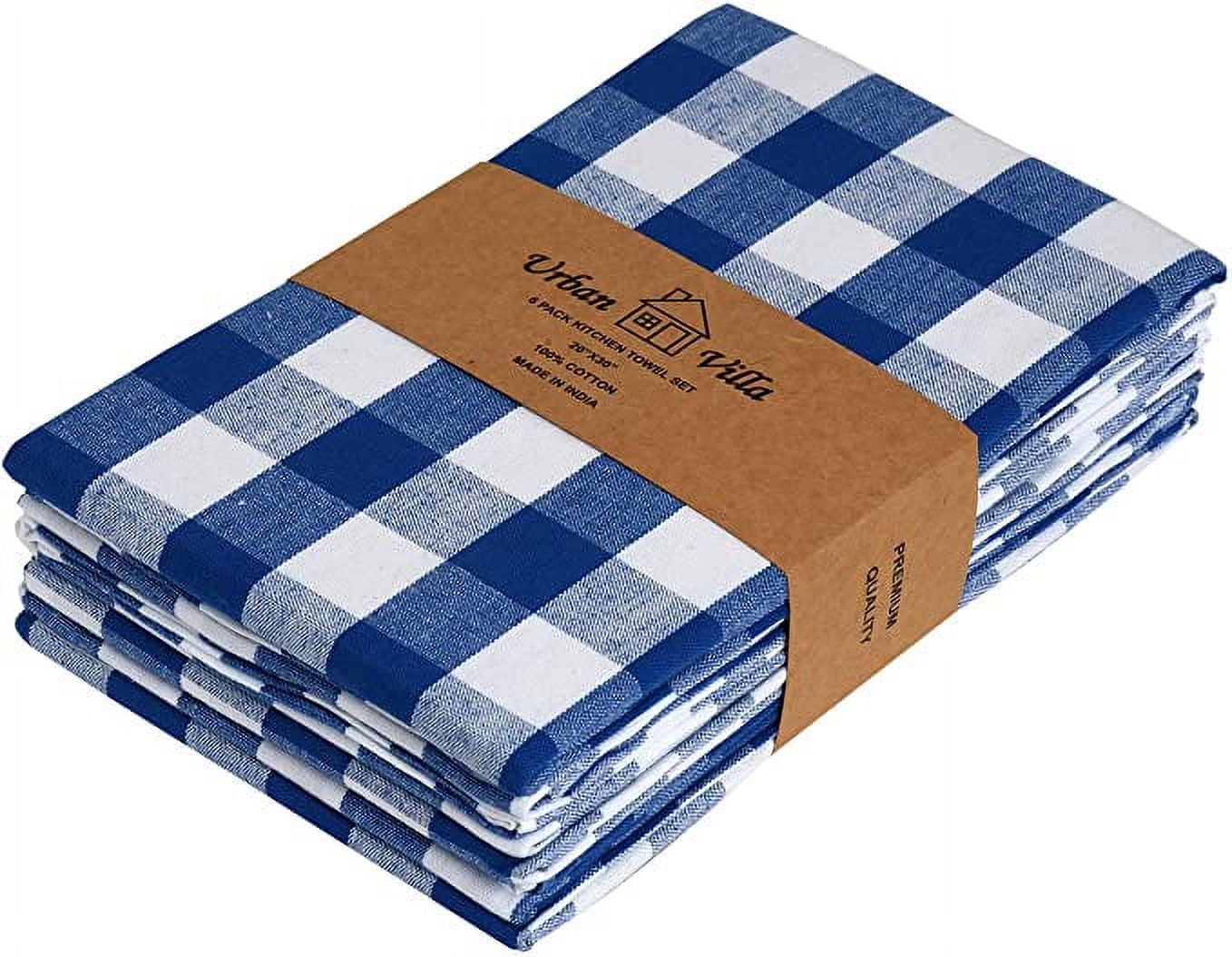 Urban Villa Kitchen Towels Set of 6 Buffalo Checks Blue/White Kitchen Towels 20X30 Inches 100% Cotton Absorbent Kitchen Towels Ultra Soft Mitered Corners Kitchen Towels