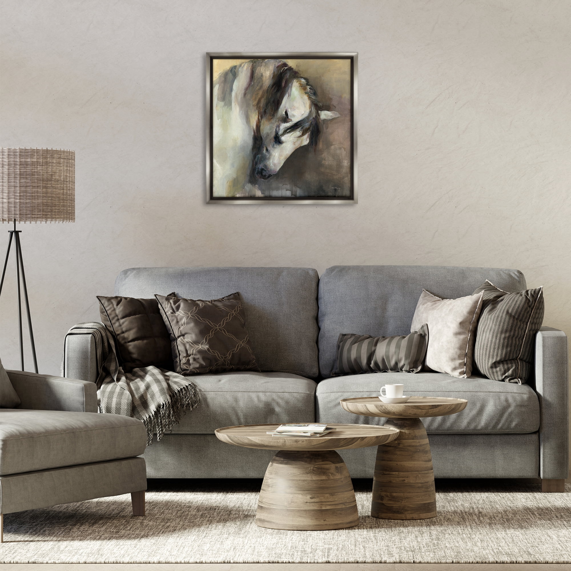 Stupell Industries Classical White Horse Animals Painting Gray Floater Framed Canvas Art Print Wall Art, 25 x 25