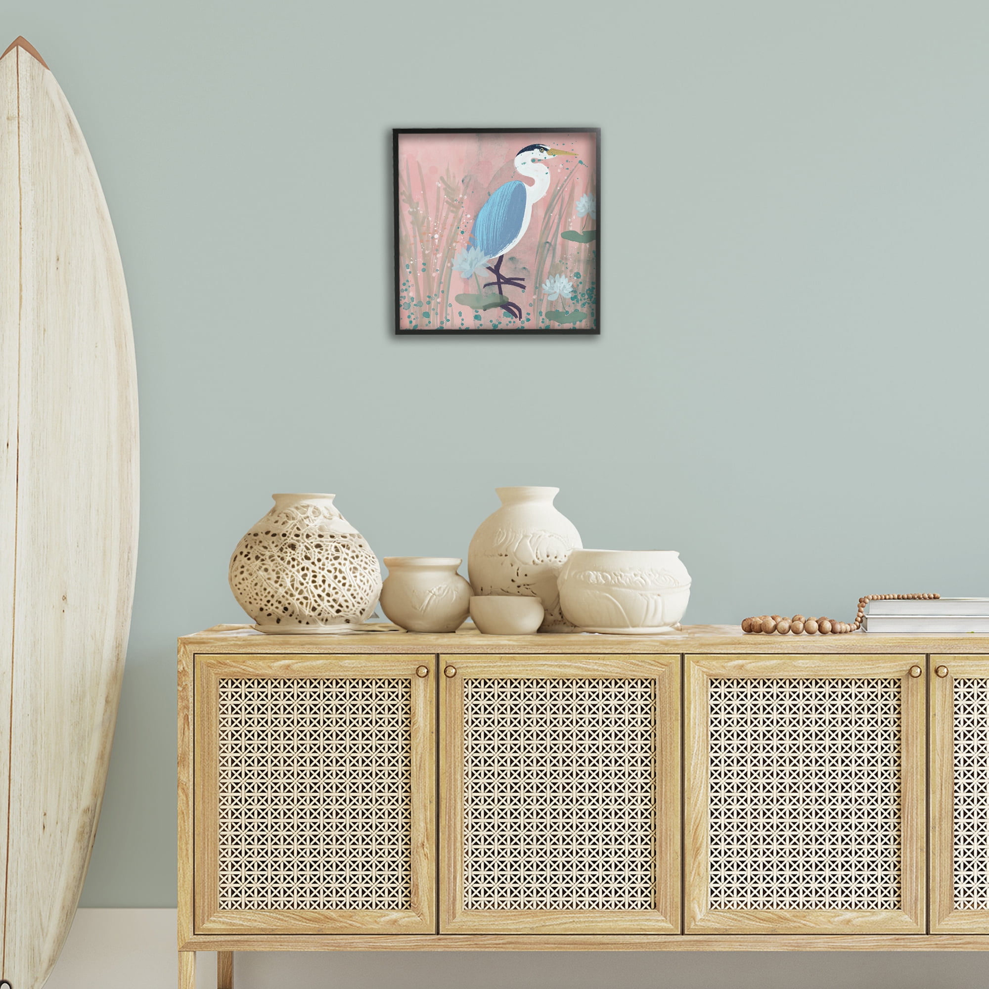 Stupell Industries Coastal Bird with Lotus Flowers Animals & Insects Painting Black Framed Art Print Wall Art, 17 x 17