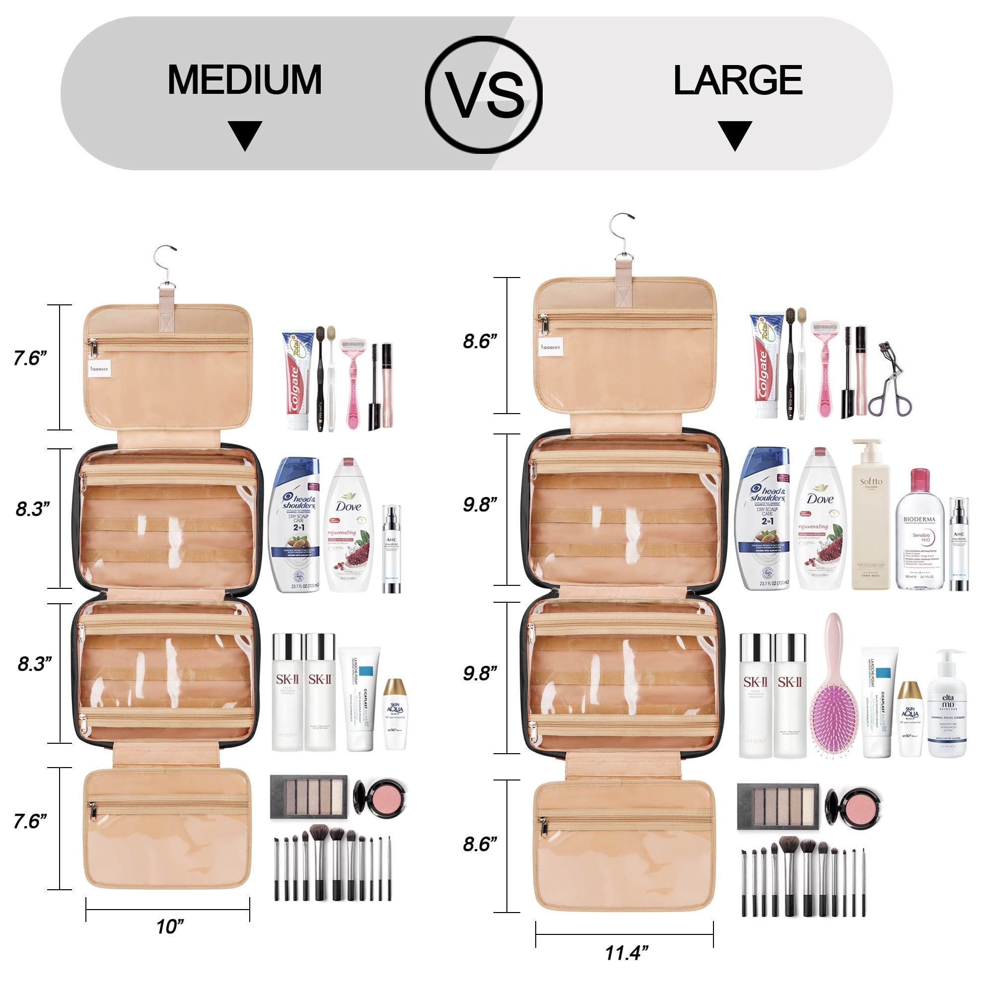 COOSKY Travel Hanging Toiletry Bag for Women, with Jewelry Organizer Compartment, Medium Waterproof Hanging Makeup Accessories, Cosmetic Essentials, Toiletries Dopp Kit Set with Trolley Belt, Black