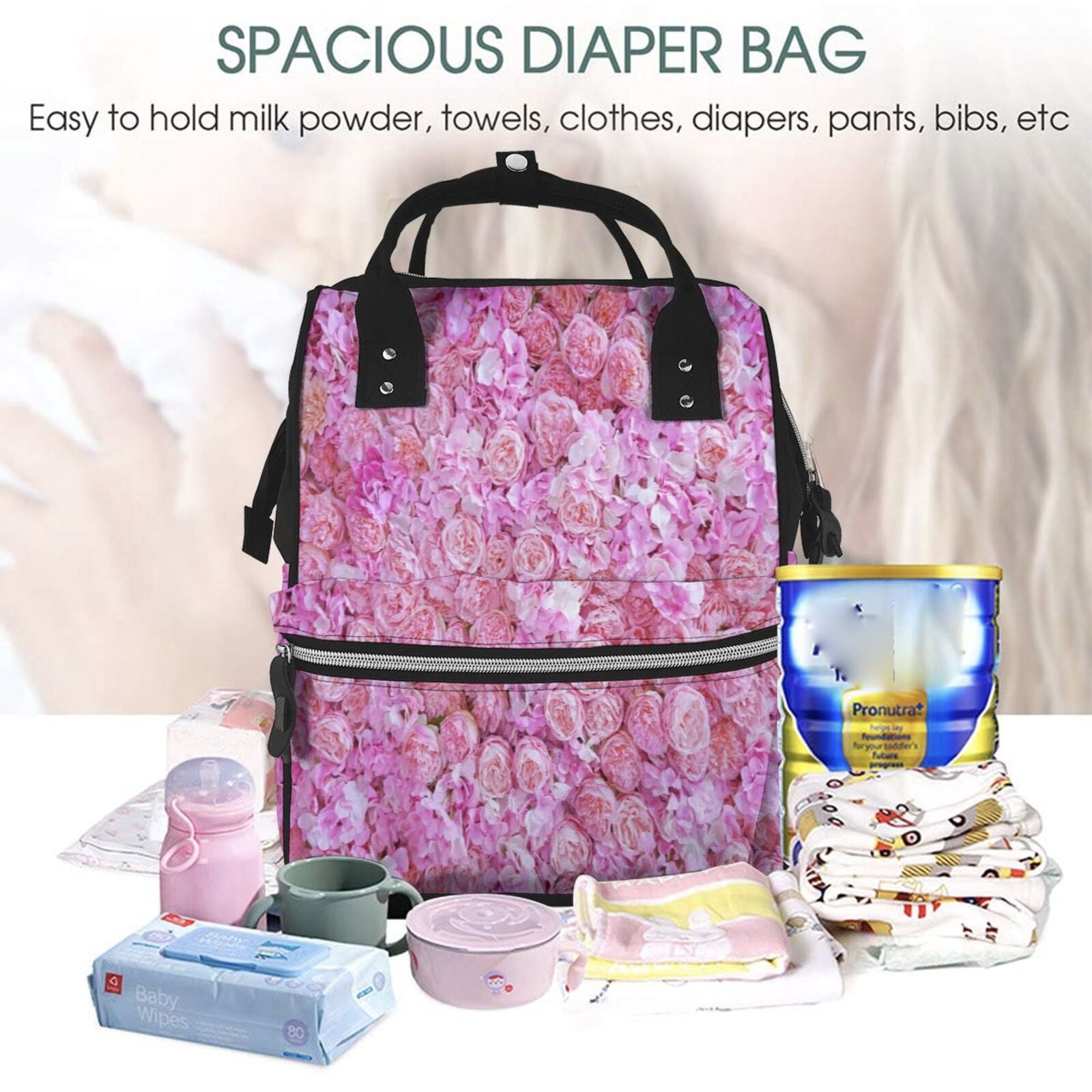 Fuzoiu Pink Roses Print Diaper Bag Backpack,Baby Essentials Travel Tote,Multi function Waterproof Diaper Bag, Travel Essentials Baby Bag - Unisex