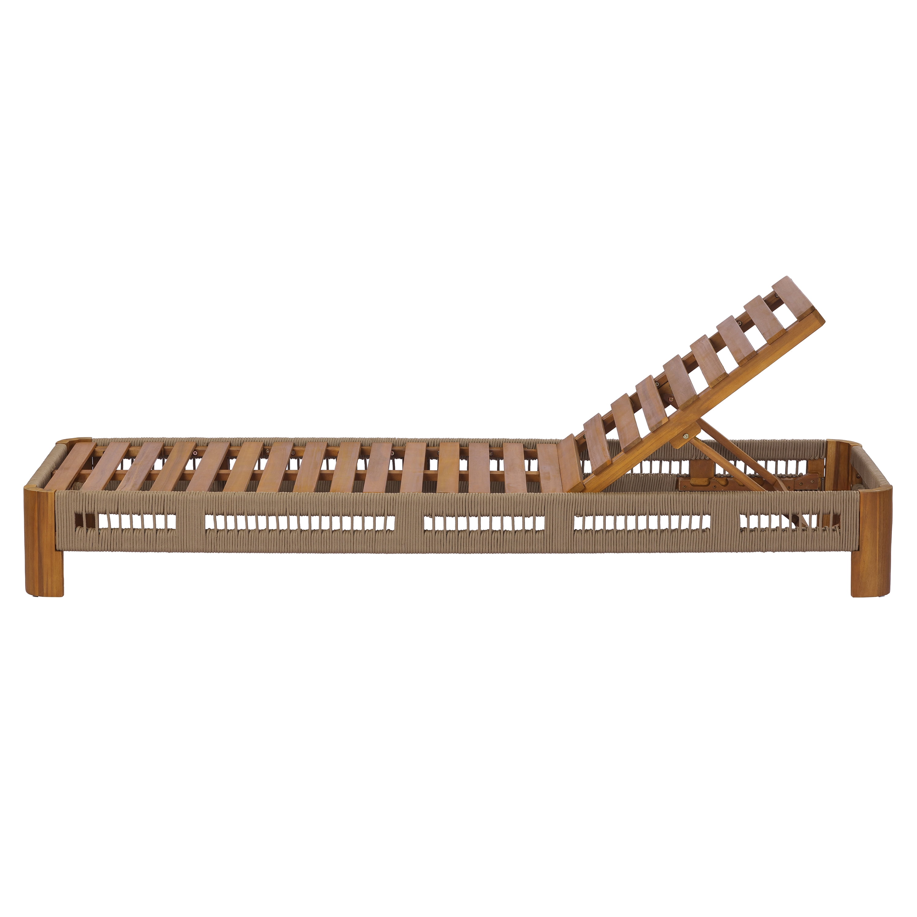 Adjustable Backrest Chaise Lounge, Acacia Wood Outdoor Recliner with Handwoven Rope Accents for Poolside, Natural Wood Finish