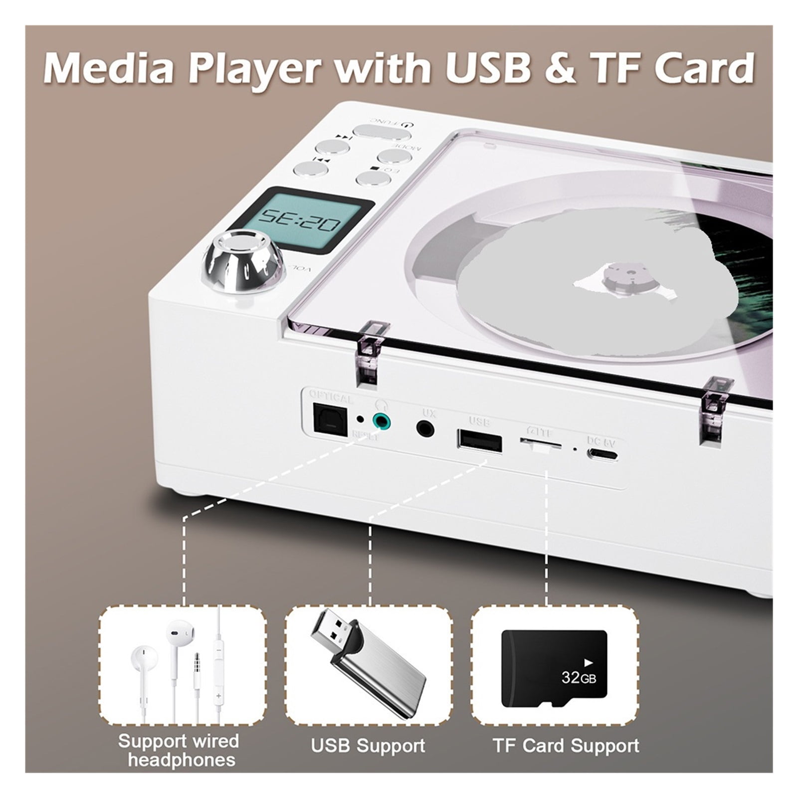 Retro Portable CD Player with Bluetooth Stereo - Built-in Speaker FM Radio USB/TF Card ,Plug & Play Portable