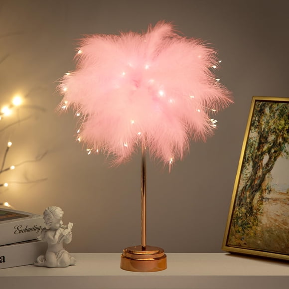 Lámpara BDUSXYZ Rosa con Plumas y Luz Nocturna LED