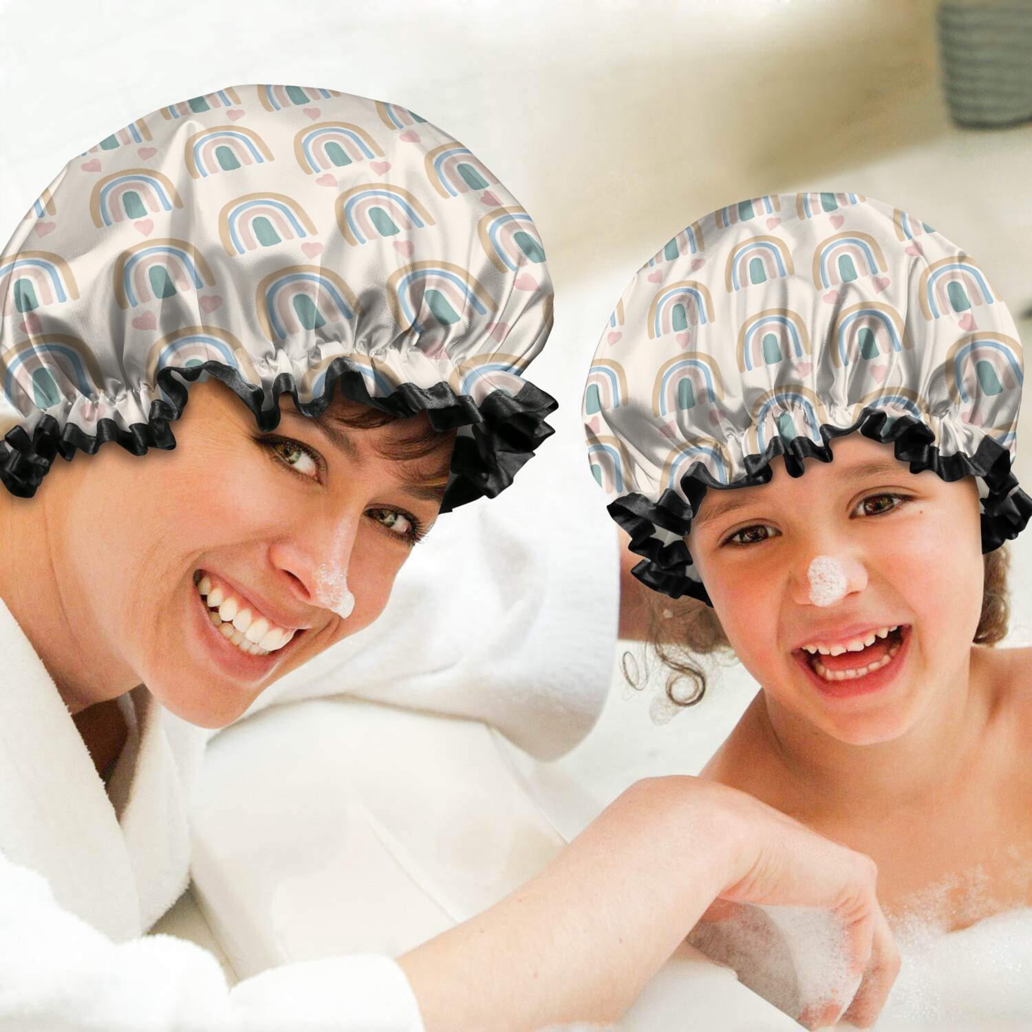 Shower Caps,Beige Boho Bohemia Rainbows Hearts Pattern Waterproof Shower Cap for Women 4 Pieces,Double Reusable Hair Cover for Shower PEVA Elastic Stretch Hem