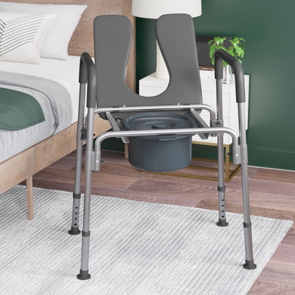 Emma Oliver Gray Shower Commode Chair with Safety Rail, Height Adjustable Frame, Padded Seat & Armrests, Removable Pail with Lid, Fits Most Toilets