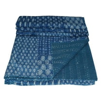 Indian Kantha Quilt Cotton Kantha Throw Kantha Blanket Handmade Quilt Double Size Kantha Bedspread Indigo Blue Patchwork Gudari