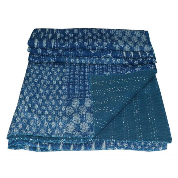 Indian Kantha Quilt Cotton Kantha Throw Kantha Blanket Handmade Quilt Double Size Kantha Bedspread Indigo Blue Patchwork Gudari