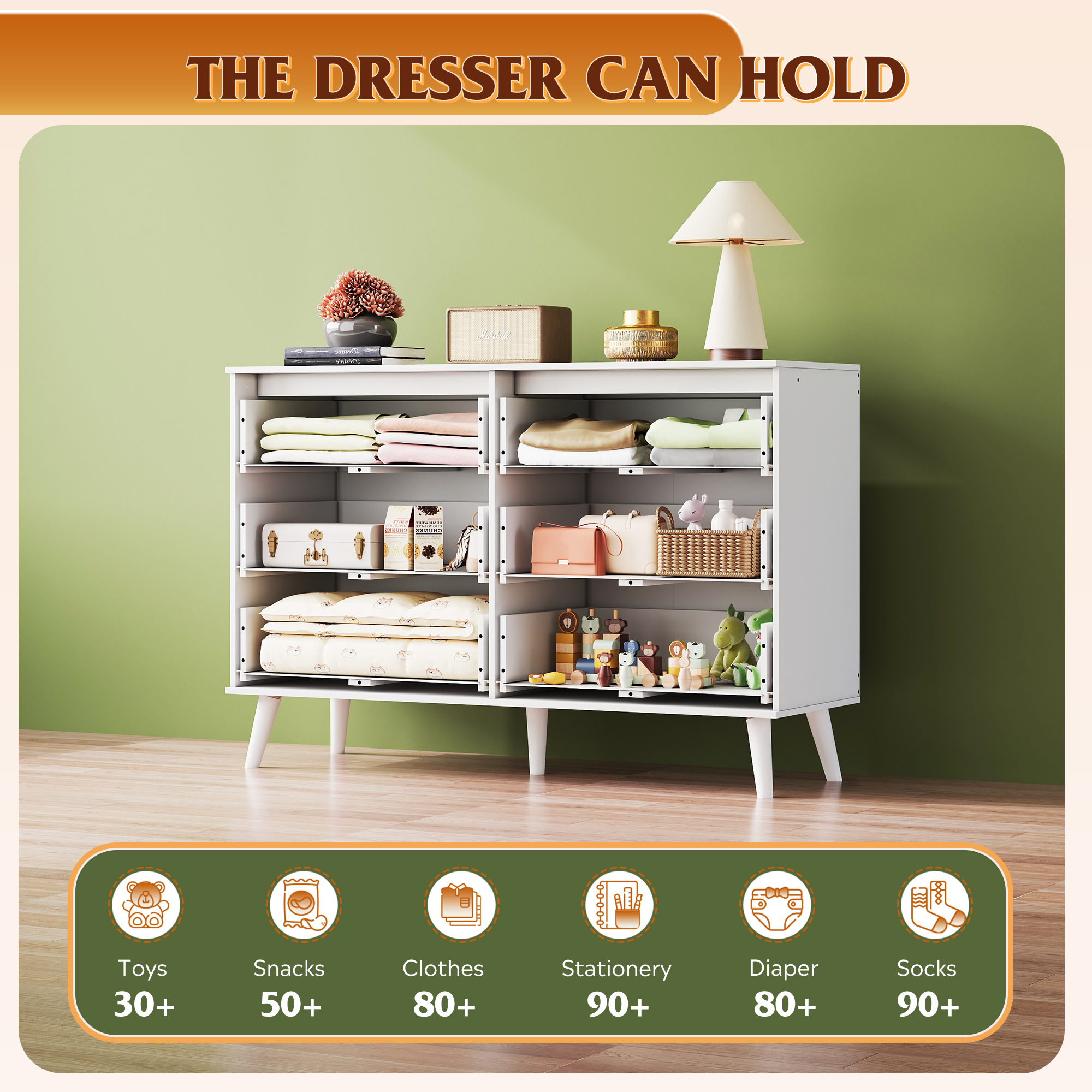 GALAXHERO 6 Drawer Wood Dresser, 47.2" Wide Chest of Drawer with Metal Handles, TV Stand for 55" TV, Double Dresser for Bedroom, Living Room, Hallway, Closet, White