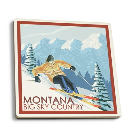 

Montana Big Sky Country Downhill Skier (Absorbent Ceramic Coasters Set of 4 Matching Images Cork Back Kitchen Table Decor)